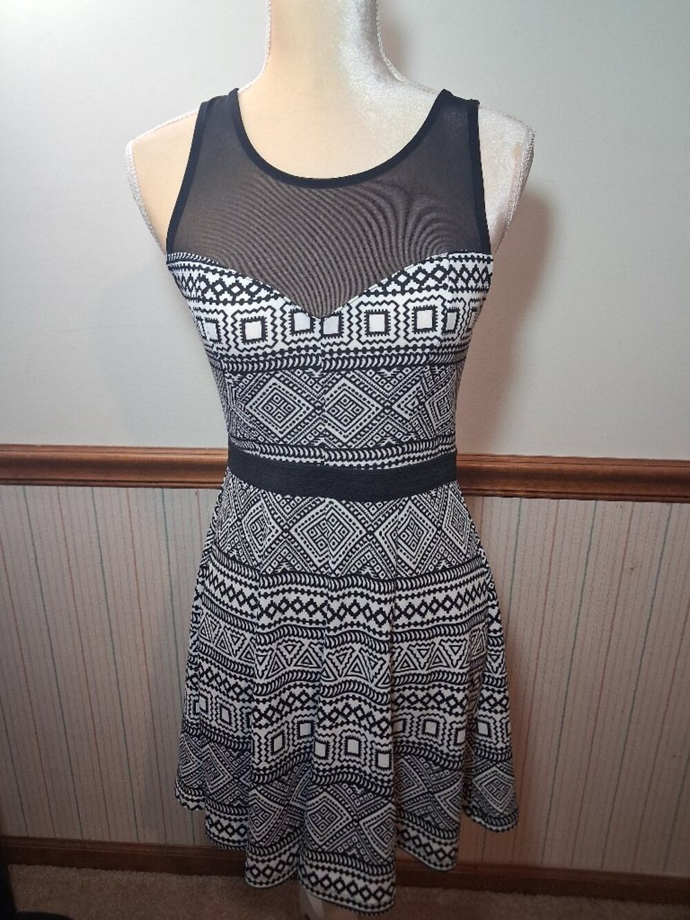 Material Girl Sleeveless Sheer Bodice Aztec/Tribal Pattern Ladies Dress - Size M